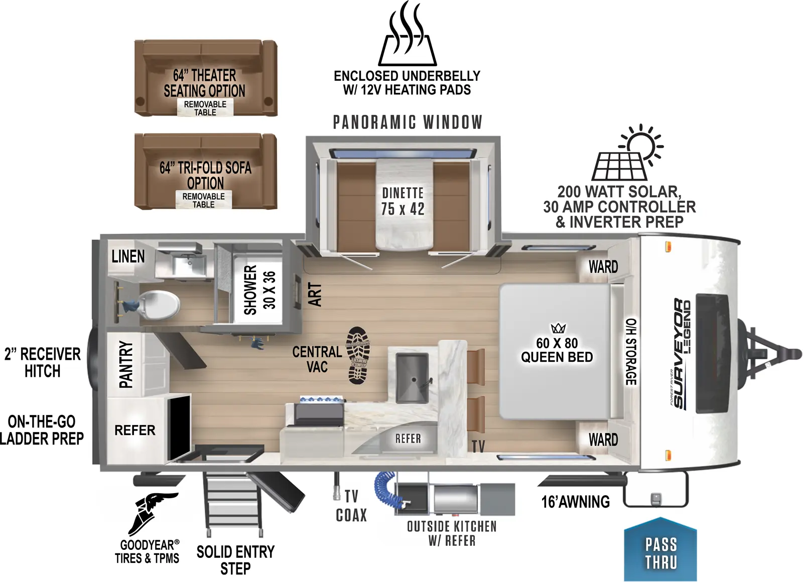 The 202RBLE has one entry and one slideout. Exterior features pass thru storage, solid entry step, TV coax, an outside kitchen, 16 foot awning, Goodyear tires and TPMS, on-the-go-ladder prep, 2 inch receiver hitch, enclosed underbelly with 12 volt heating pads, and 200 watt solar with 30 amp controller and inverter prep. Interior layout front to back: foot facing queen bed with overhead storage and wardrobes on each side; off-door side dinette slideout with panoramic window; door side peninsula kitchen counter with sink and seating wraps to door side with TV; rear off-door side full bathroom with linen closet; rear door side entry, refrigerator and pantry. This RV has central vacuum. Optional theater seating or tri-fold sofa available in place of dinette.